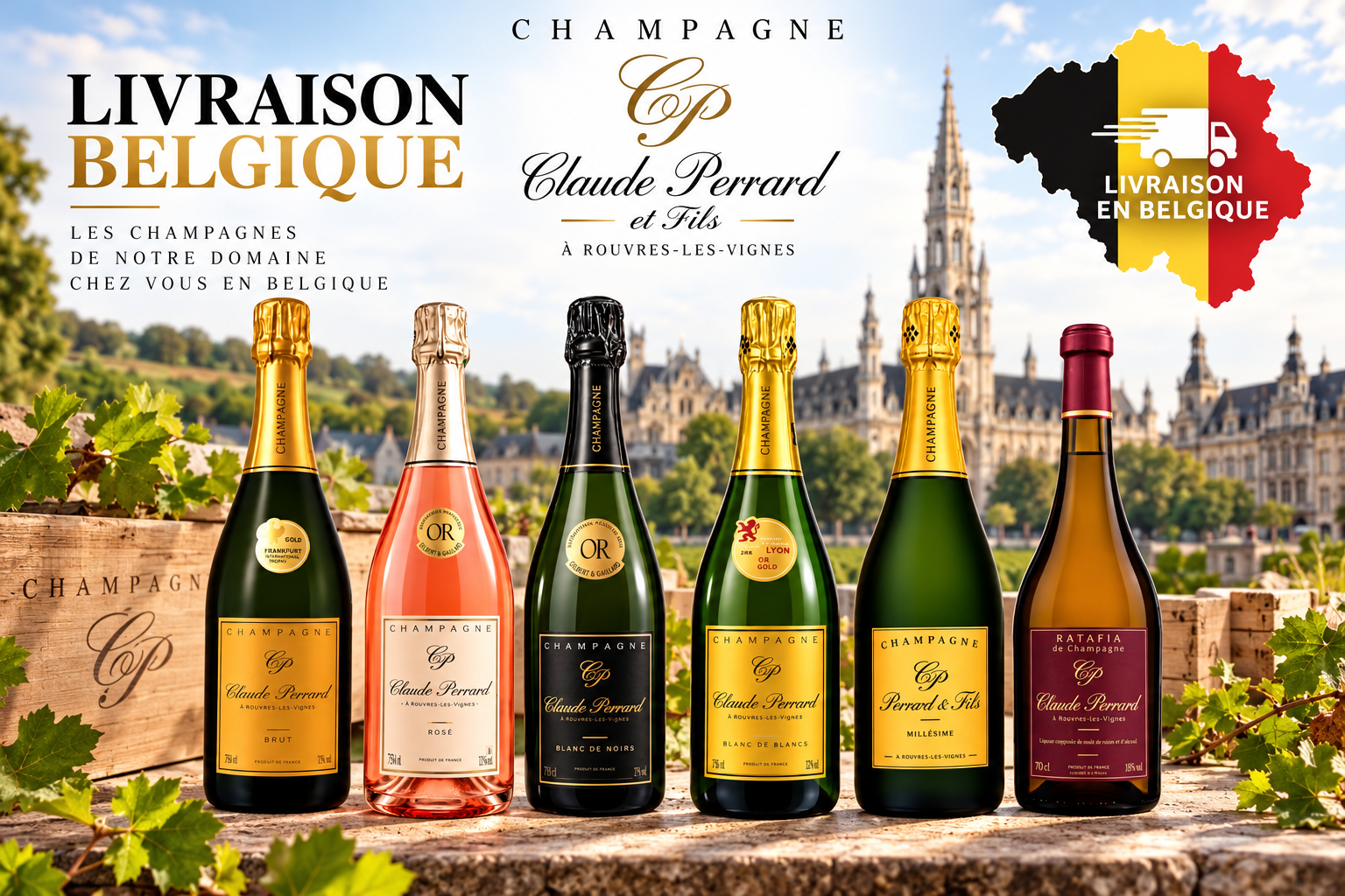 Photo des champagnes Claude Perrard et Fils : Brut Tradition, Rosé, Blanc de Noirs, Blanc de Blancs et Millésime, avec Ratafia, pour la livraison en Belgique.